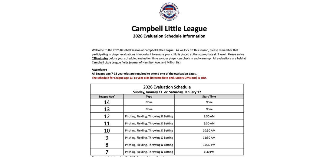 Spring Season Evaluation Schedule